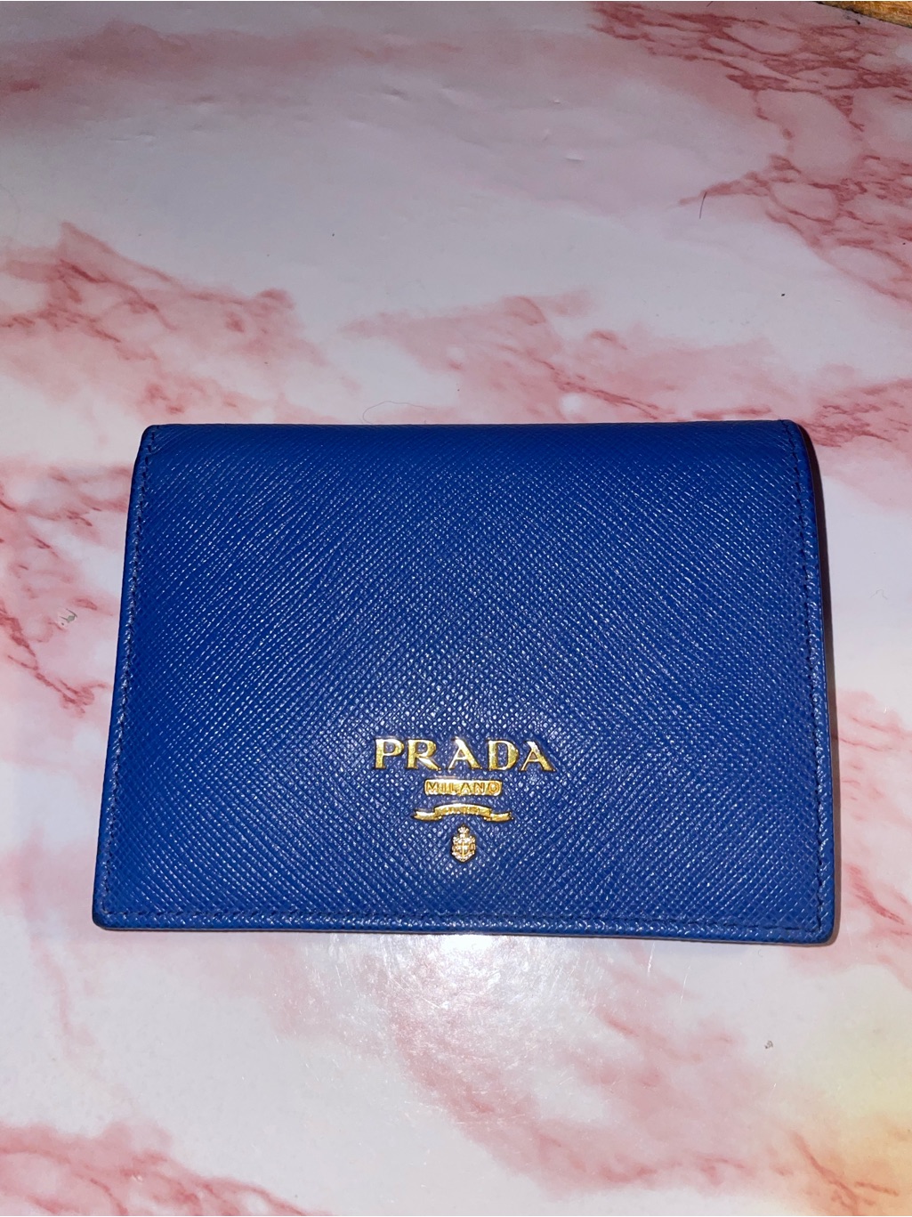 Prada Cobalt Saffiano Leather Card Case With Gold Logo